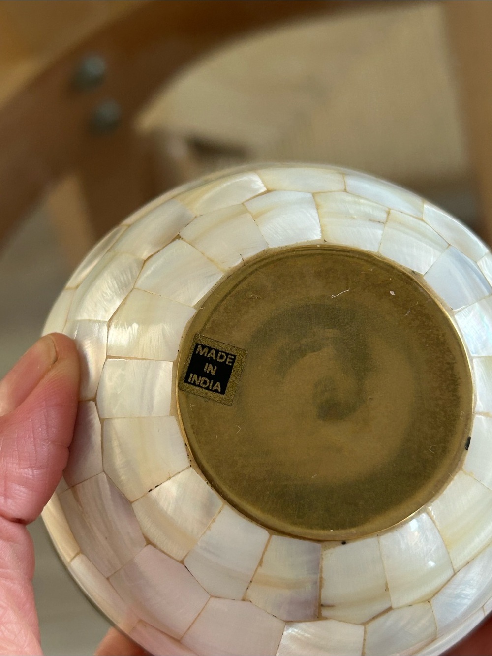 Decorative Mother of Pearl Apple Trinket Box with Brass Accents - Picture 4 of 16